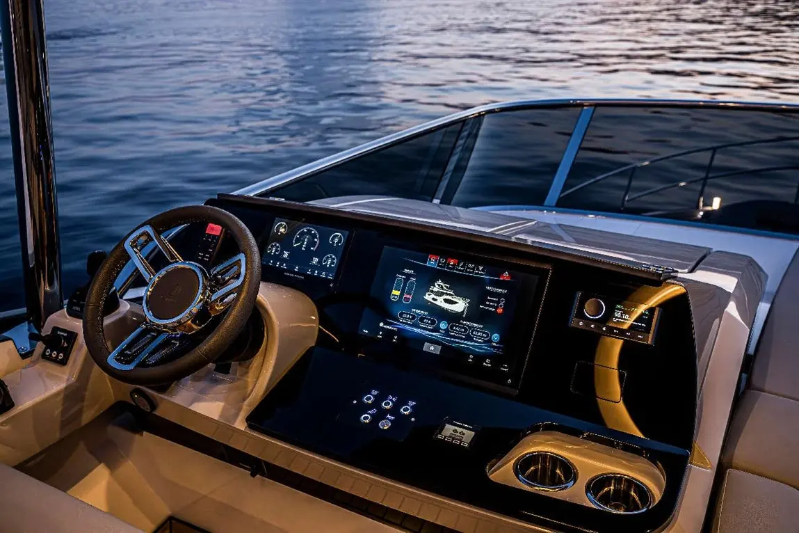 Luxury yacht cockpit featuring a modern steering wheel, digital displays, and navigation controls, with water in the background.